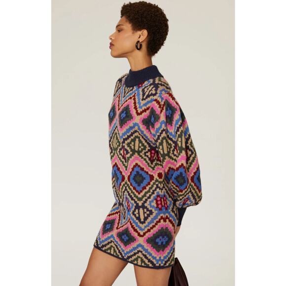 Farm Rio Womens Medium Rauti Wool Blend Puff Sleeve Sweater Dress Multicolor S - Picture 1 of 16